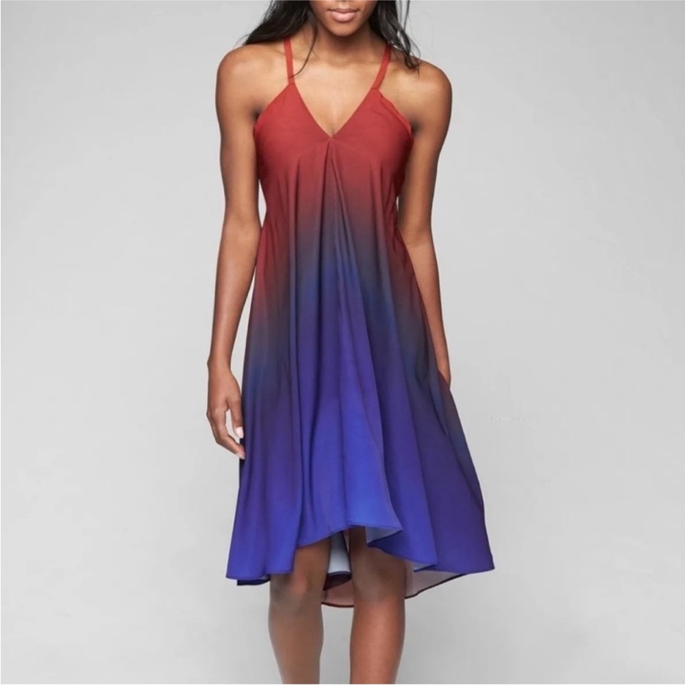Athleta 3-in-1 Red and Blue Ombré Strappy High Low Dress